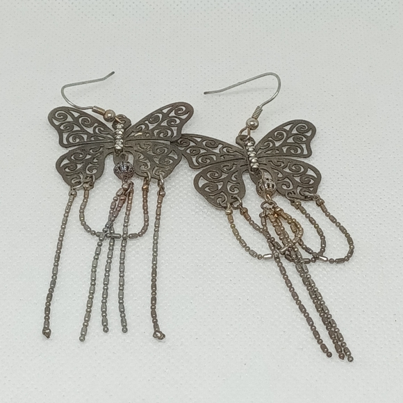 Bronze Butterfly Dangle Earrings Chandelier Fringe Drop Y2K Earrings - Picture 2 of 5